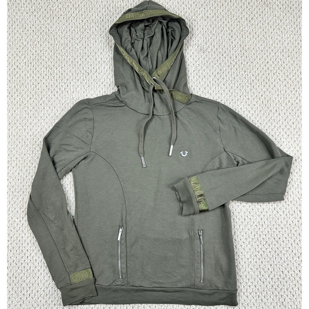 True Religion Hoodie Womens Medium Olive Green Pullover Sweatshirt Logo Trim